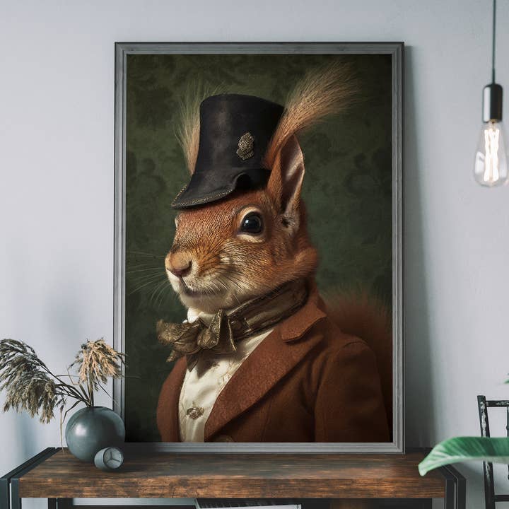 Red Squirrel Gentleman Animal Portrait Print for wholesale by Ink & Drop