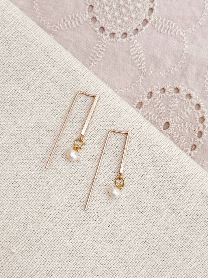 Delicate Threader Earrings with Freshwater Pearl Drops for wholesale by Gracie Rose Designs
