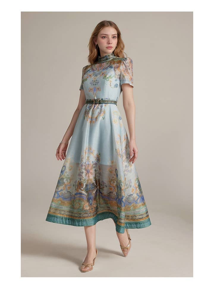 Productseeker – wholesale Dress – Women's – DR440Y Retro Short Sleeve Digital Print Dress with Belted 9