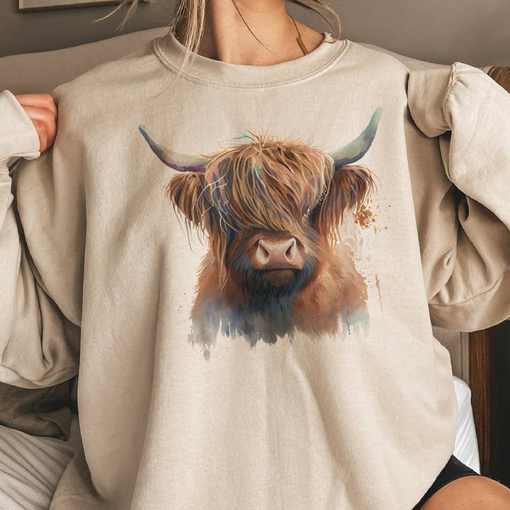 Western Cow Graphic Sweatshirt Country Highland for wholesale by Par.tees by Party On!