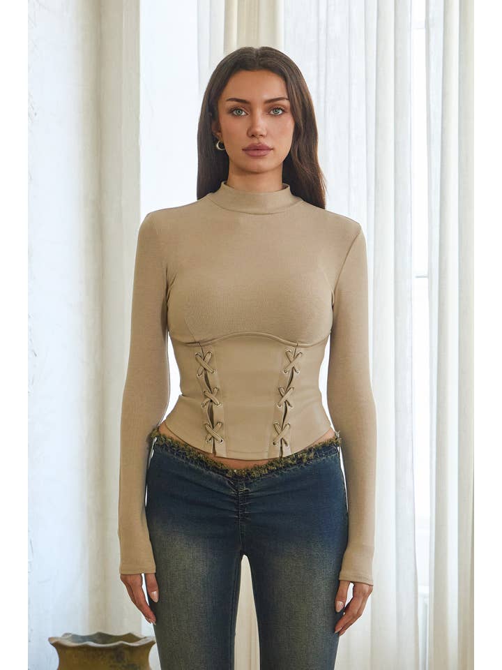 No Vacancy - Wholesale Knit Top - Women's - Soft ribbed mock neck top w/ lace up pu contrast