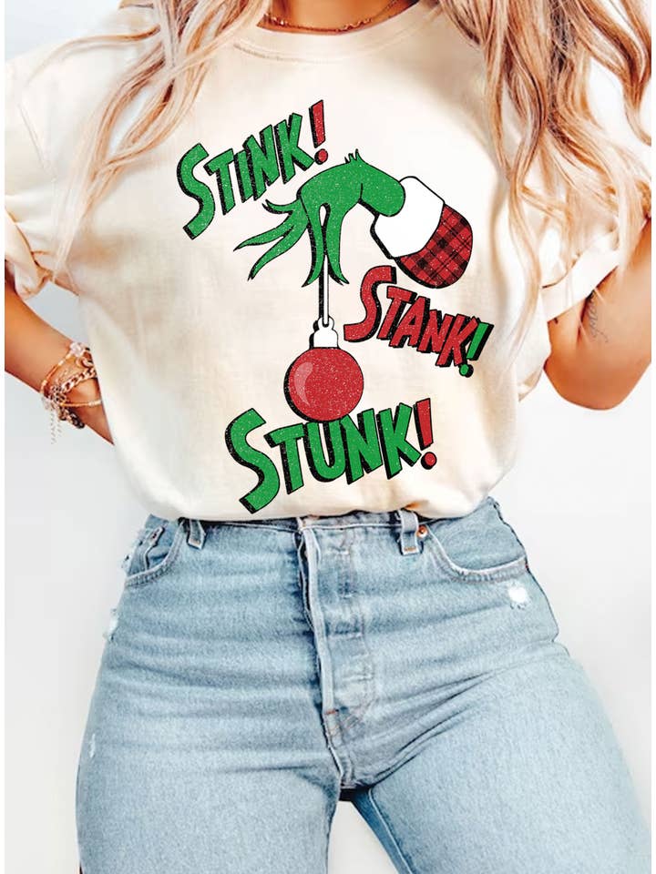 Rustee Clothing - Wholesale Screen Printed T-Shirt - Women's - STINK STANK STUNK GRINCH CHRISTMAS GRAPHIC TSHIRTS2
