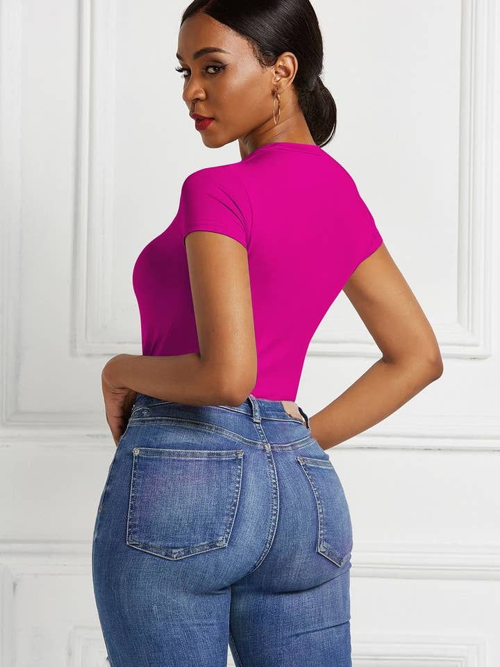 NINEXIS - Wholesale Bodysuit - Women's - CWSBSS0036_SOLID COLOR ROUND NECK SHORT SLEEVE BODYSUIT7