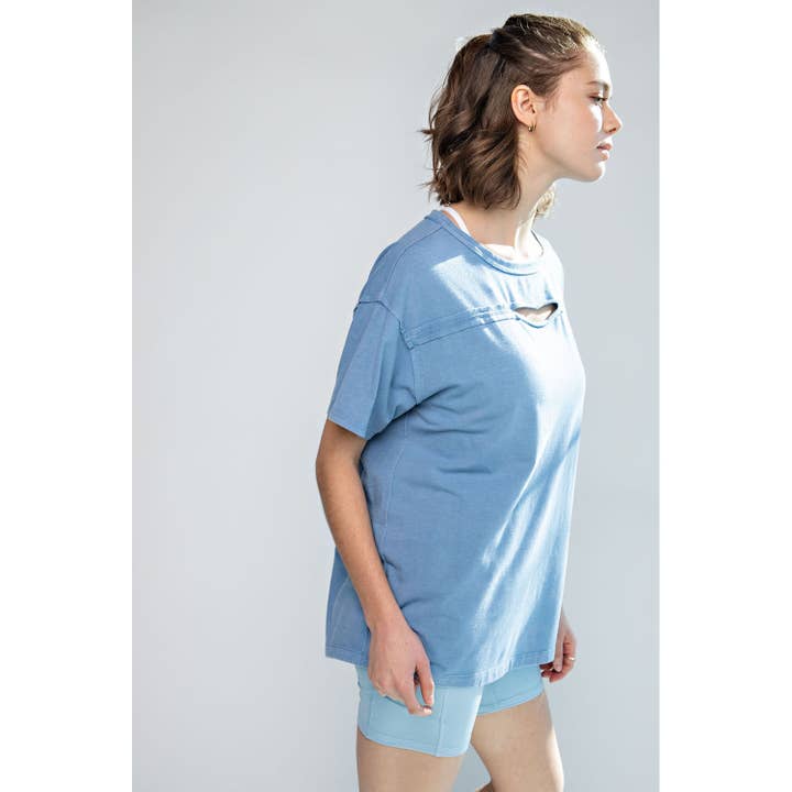 Rae Mode - Wholesale Shirt - Women's - MINERAL WASH SHORT SLEEVE TOP WITH CHEST KEYHOLE
