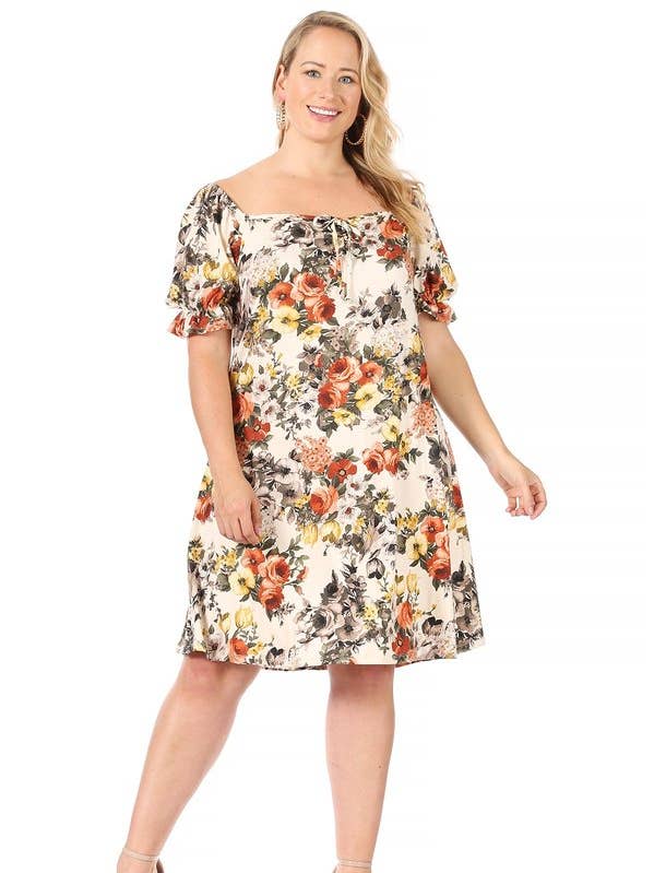 Plus Ljus Blommig Kortärmad Ruffle Puff Ärm Miniklänning för wholesale av VIBE Apparel Co