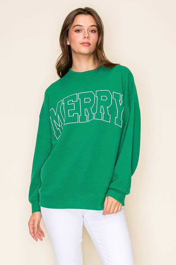 Tres Bien, Inc - Wholesale T-Shirt (Graphic) - Women's - ROUND NECK "MERRY" STENCIL  CLOUDY KNIT L/S SWEATSHIRT4