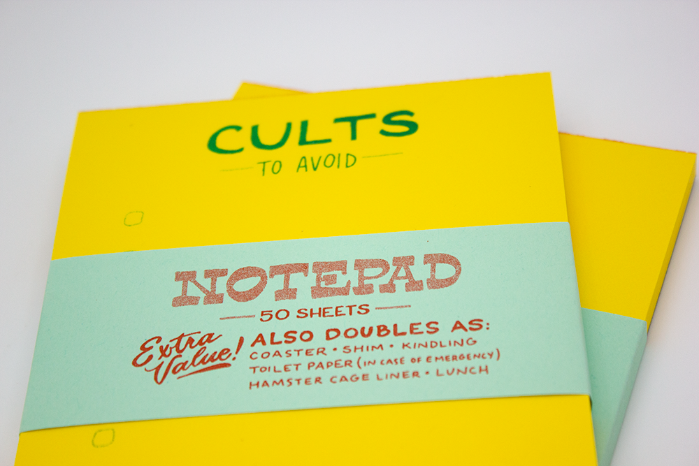 Ladyfingers Letterpress – wholesale Notepad – Cults to Avoid Risograph Notepad 2