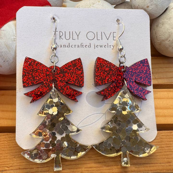 Confetti Glitter Christmas Trees With Red Bow for wholesale by Truly Olive