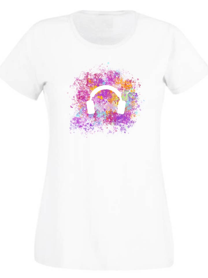 Second Ave Ladies DJ Headphones Festival White T Shirt for wholesale by Second Ave Gift Company