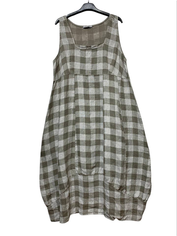 LINEN & COTTON HOUSE - Wholesale Dress β Women's - LINEN DRESS WITH POCKETS, GINGHAM CHECK PATTERN 32229