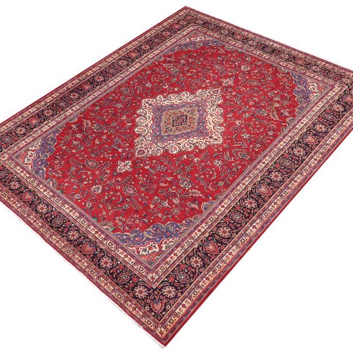 Tapis en laine noué à la main Kashan Devyn rouge bleu antique vintage - 10'5'' x 13'7'' pour la vente par Arshs Fine Rugs
