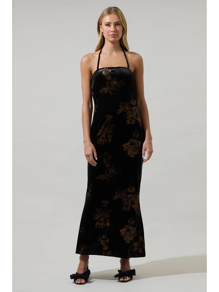 BLACK MULTI Ace Floral Dynamite Velvet Strapless Maxi Dress for wholesale on Faire4