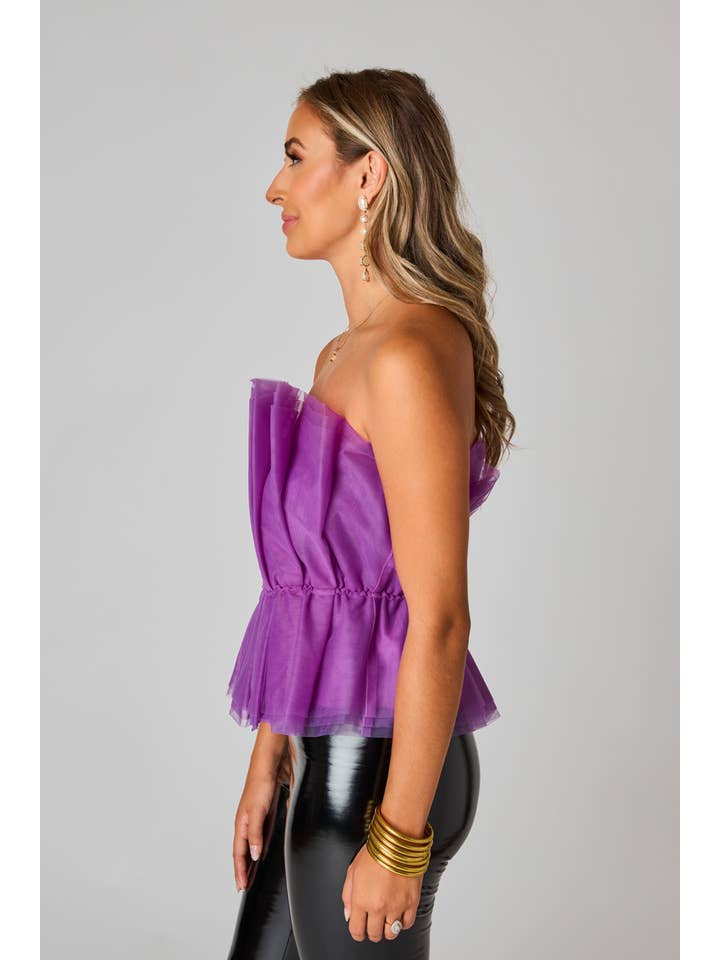 BuddyLove - Wholesale Blouse - Women's - Giselle Iris Purple Pleated Tulle Strapless Top2