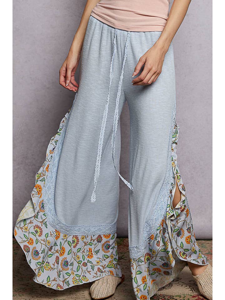 Pol Clothing - Wholesale Pants - Women's - Floral Pattern Ruffle Detail Ribbed Knit Pants