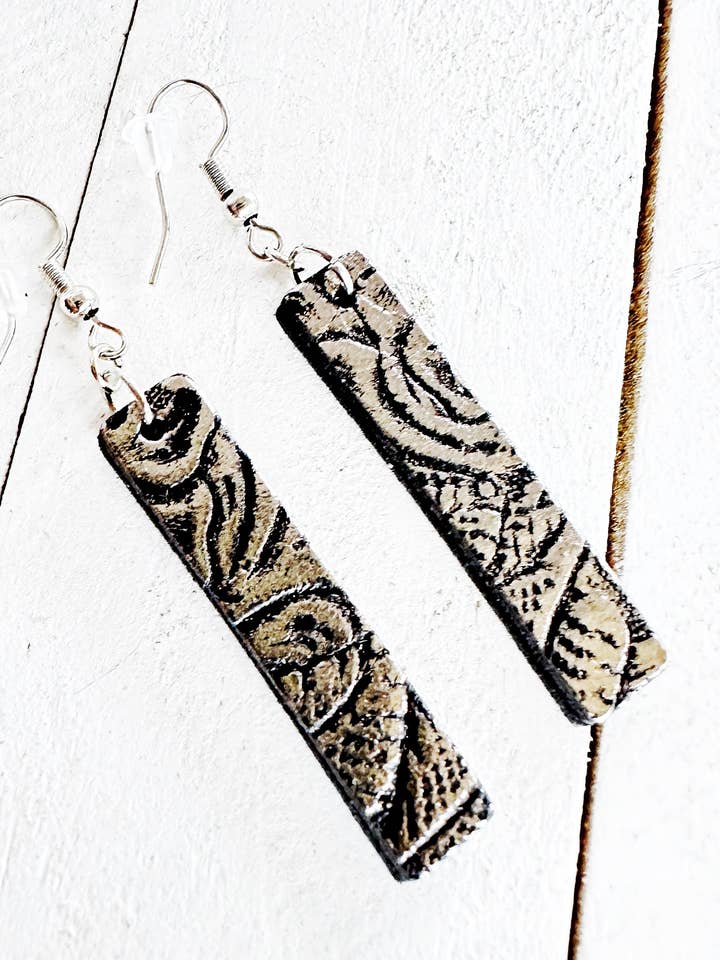 Metallic Silver & Black Leather Bar Earrings for wholesale by Boho By Design