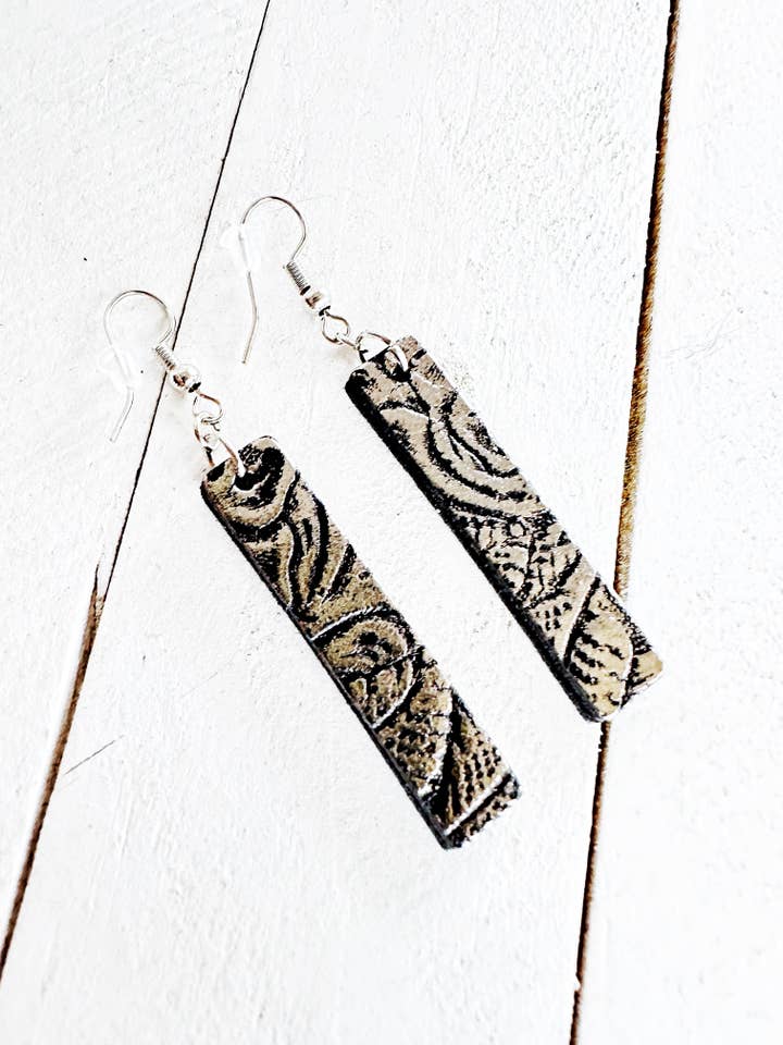 Metallic Silver & Black Leather Bar Earrings for wholesale by Boho By Design