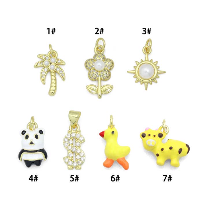 Heldere CZ Witte Parel Palmboom, Gouden Bloem Panda Zon parel Dollarteken Bedel Hanger, Sku#LD775 voor wholesale door BestBeads&Beyond