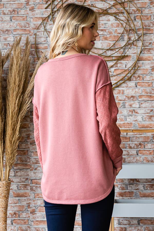 7th Ray - Vente Haut en maille – femme - Haut à manches longues en mélange de coton avec contraste en dentelle et boutons devant T52537