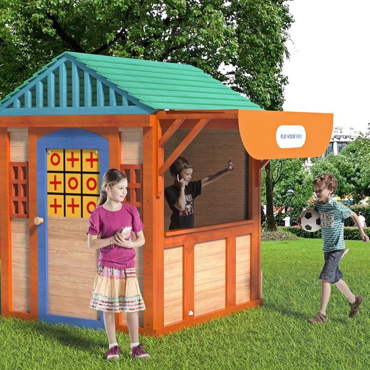 ShipItFurniture - Wholesale Wood Toy - Kids - Outdoor Playhouse for Age 3-8 Years Boy Girl, Wooden Cottage Playhouse with 4 Game Awning Window, Ball Wall & Tetris. Play House for Outdoor Garden, Lawn, Patio, Yard.