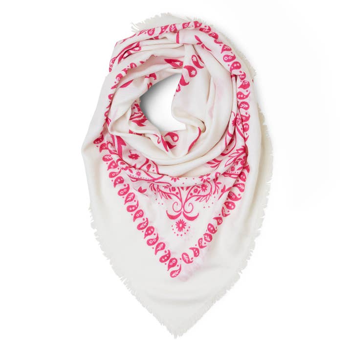 Somerville Scarves – wholesale Bandana – Women's – NEW Large Cashmere Printed Bandana - Pink/Ecru0