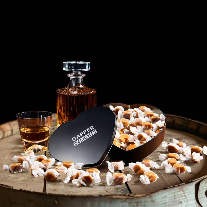 The Wine Savant / Khen Glassware - Wholesale Caramel - Scotch Whiskey Dapper Delights Salted Caramel Heart Tin1