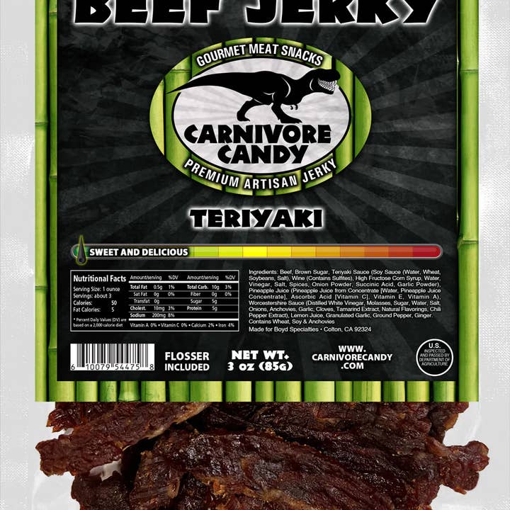 Carnivore Candy Beef Jerky - Teriyaki 3oz. for wholesale by Fizz and Sweets Wholesale