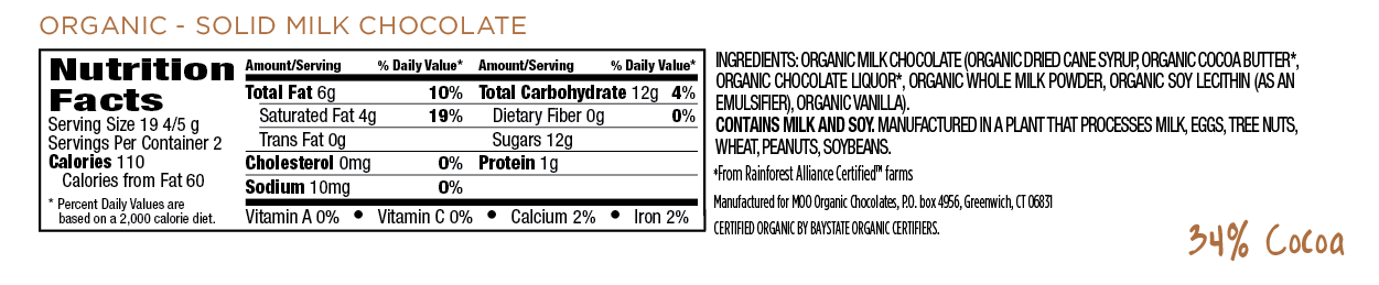 MOO Organic Chocolates - Wholesale Chocolate Bar - Organic Solid Milk Chocolate Large Bar,  1.4 oz3