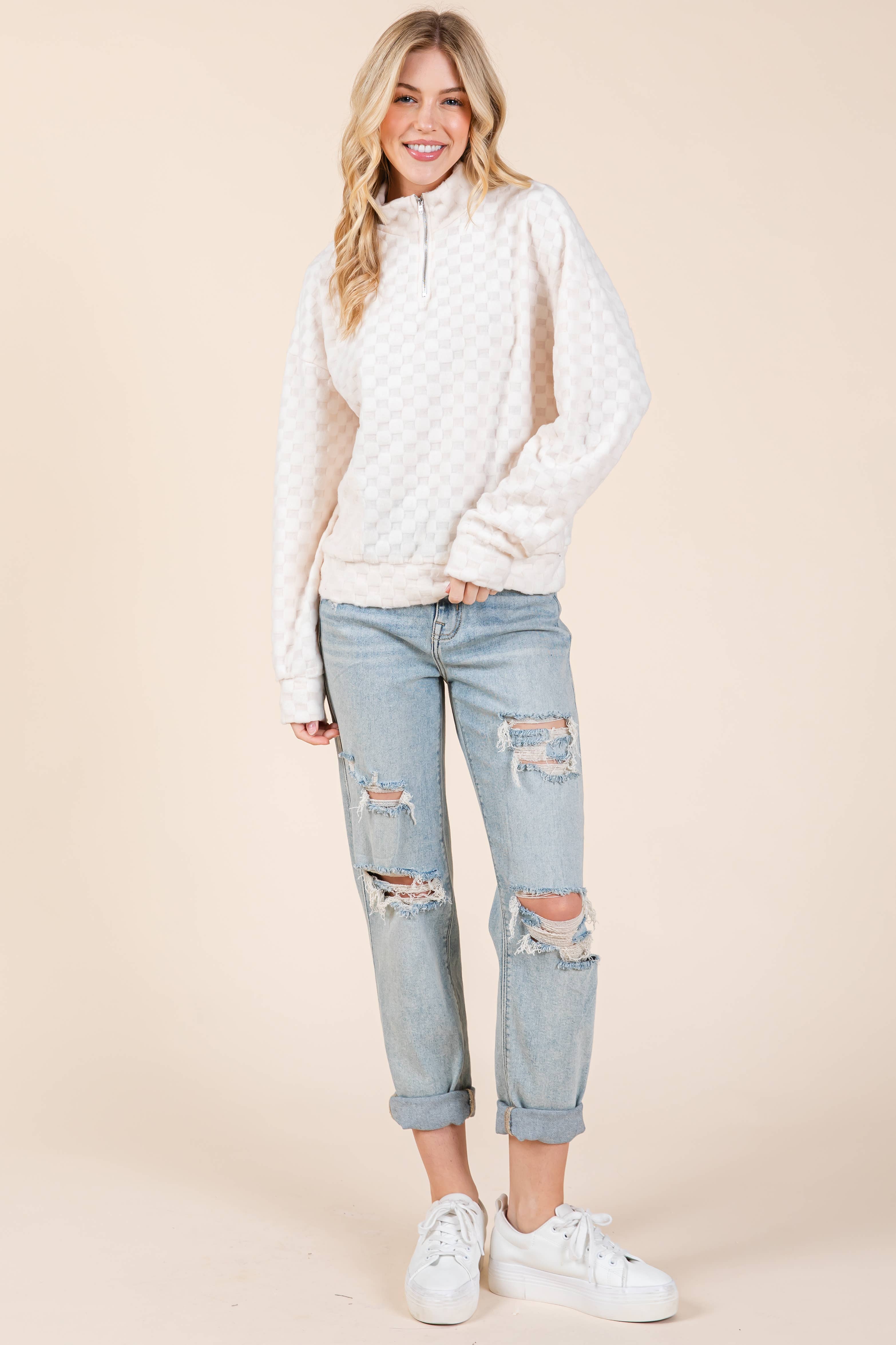 BOMBOM - Wholesale Sweatshirt - Women's - TL1997 FUZZY CHECKERED 1/4 ZIP TOP 4