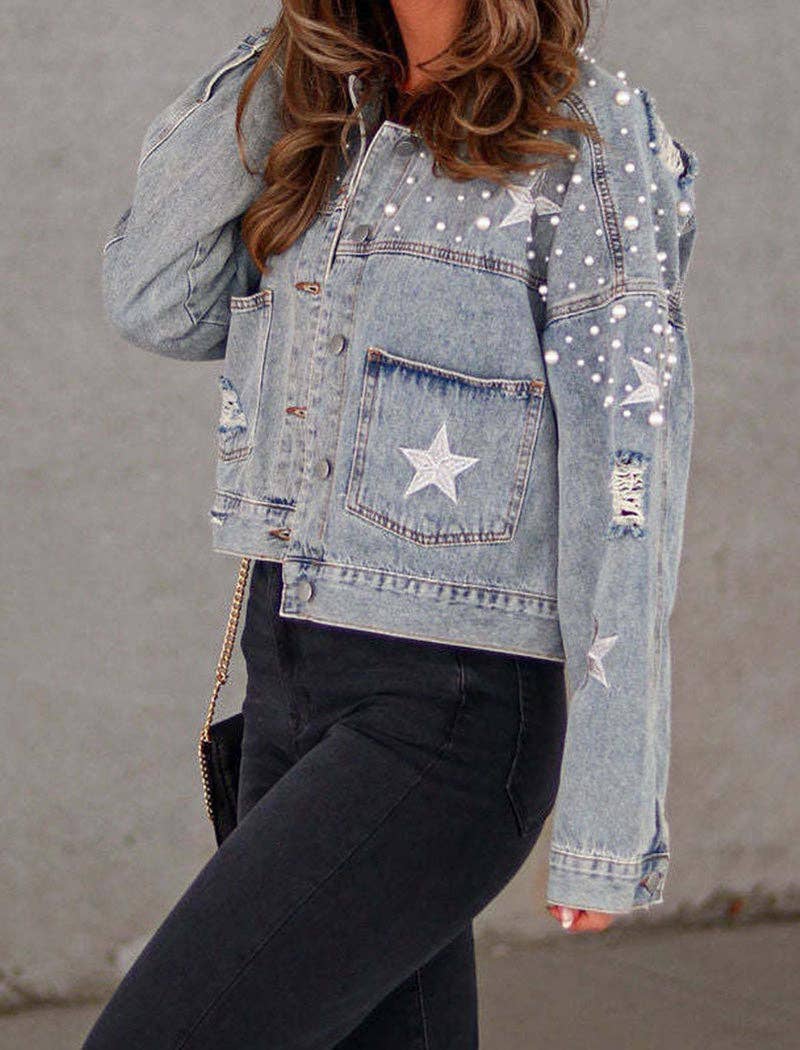 safistyle – Großhandel Jeansjacke – Damen – Denim-Crop-Jacke mit Kunstperlen besetzt5