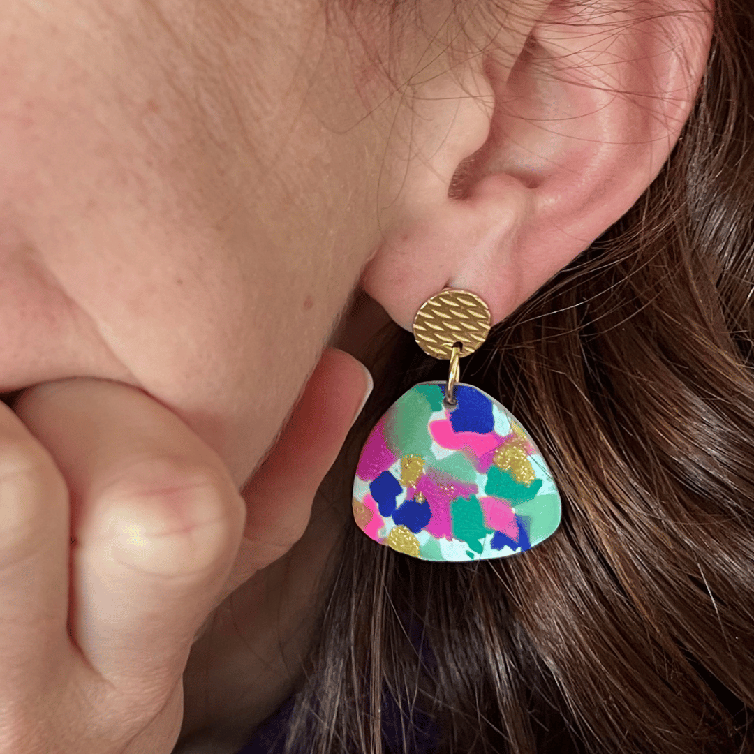 Couleurs cœur - Vente Boucles d'oreilles pendantes - Cartagena ☀️- Terrazzo bleu/fluo/doré/vert1