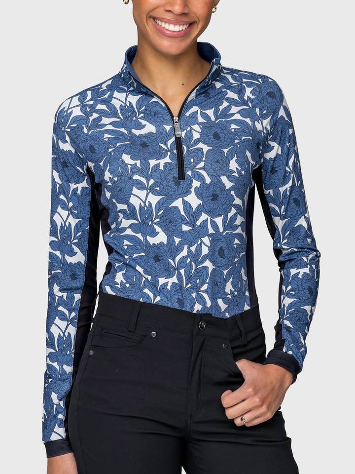 Pacific Blue Wild Rose W/ Black Panels Long Sleeve 1/4 Zip Sun Shirt for wholesale by Kastel Denmark