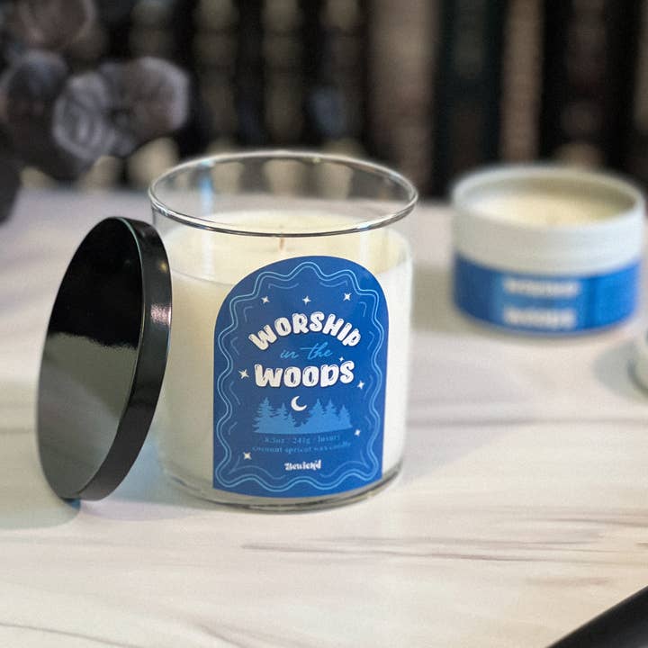 Worship in the Woods Candle - Book-Inspired, Indie Author for wholesale by Bewick'd Studio