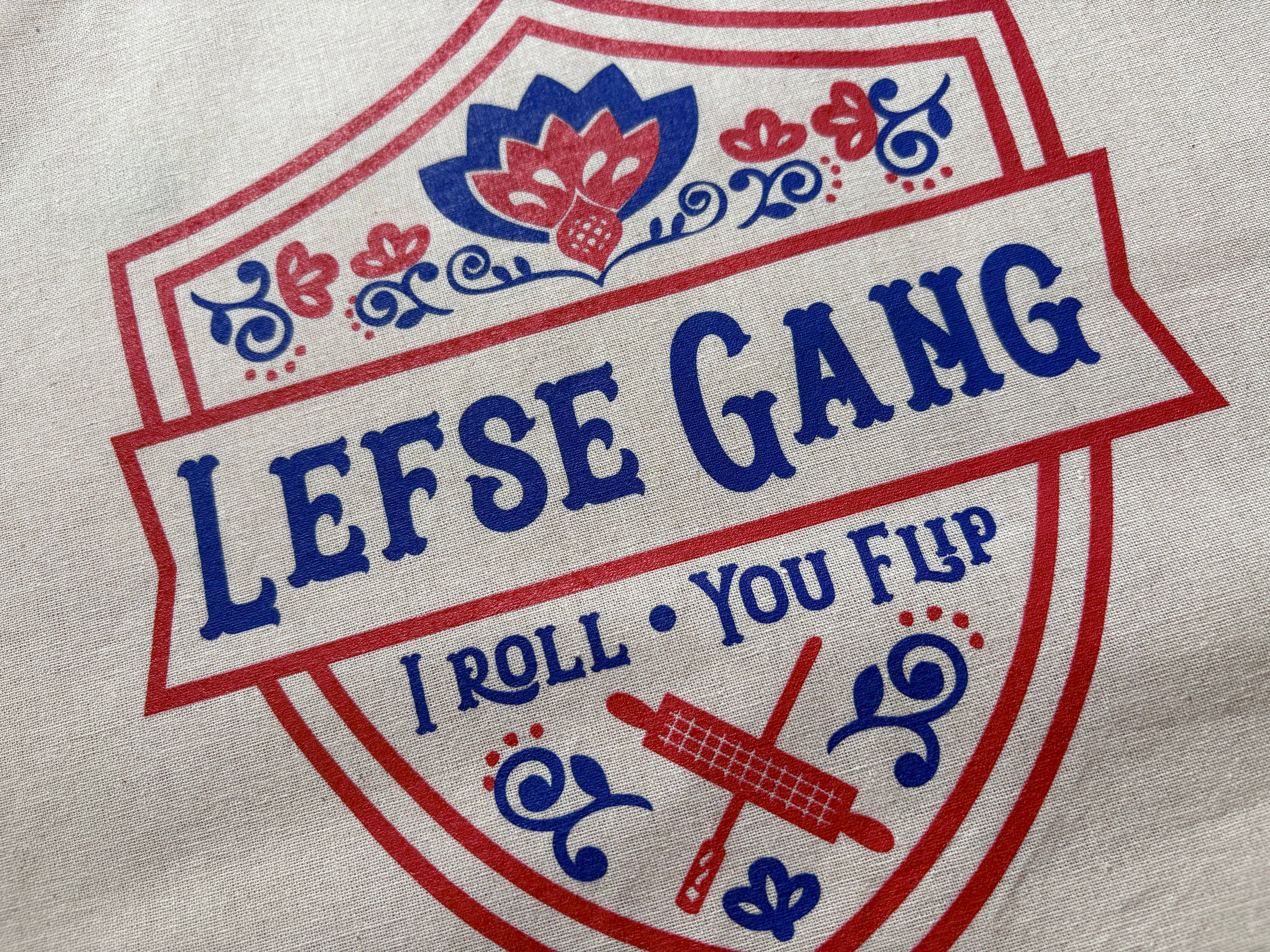 Beckamade - Wholesale Apron - Apron - New Lefse Gang Blue and Red on Natural Flour Sack Cotton Apron with Pocket4