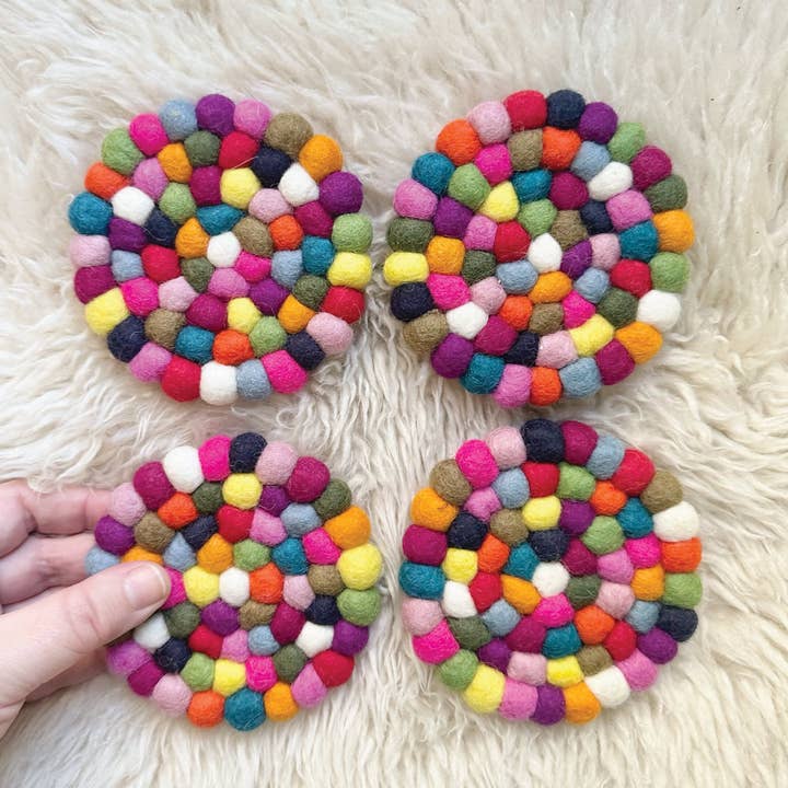 Sheep Farm Felt - Wholesale Coasters - Multicolored Felt Ball Coasters | Set of 4- Case of 4