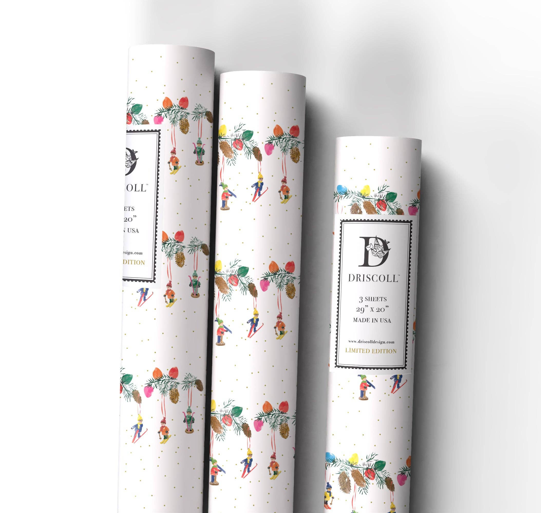 Driscoll Design - Wholesale Flat Wrap - Skiers Ornaments Holiday Wrapping Paper0