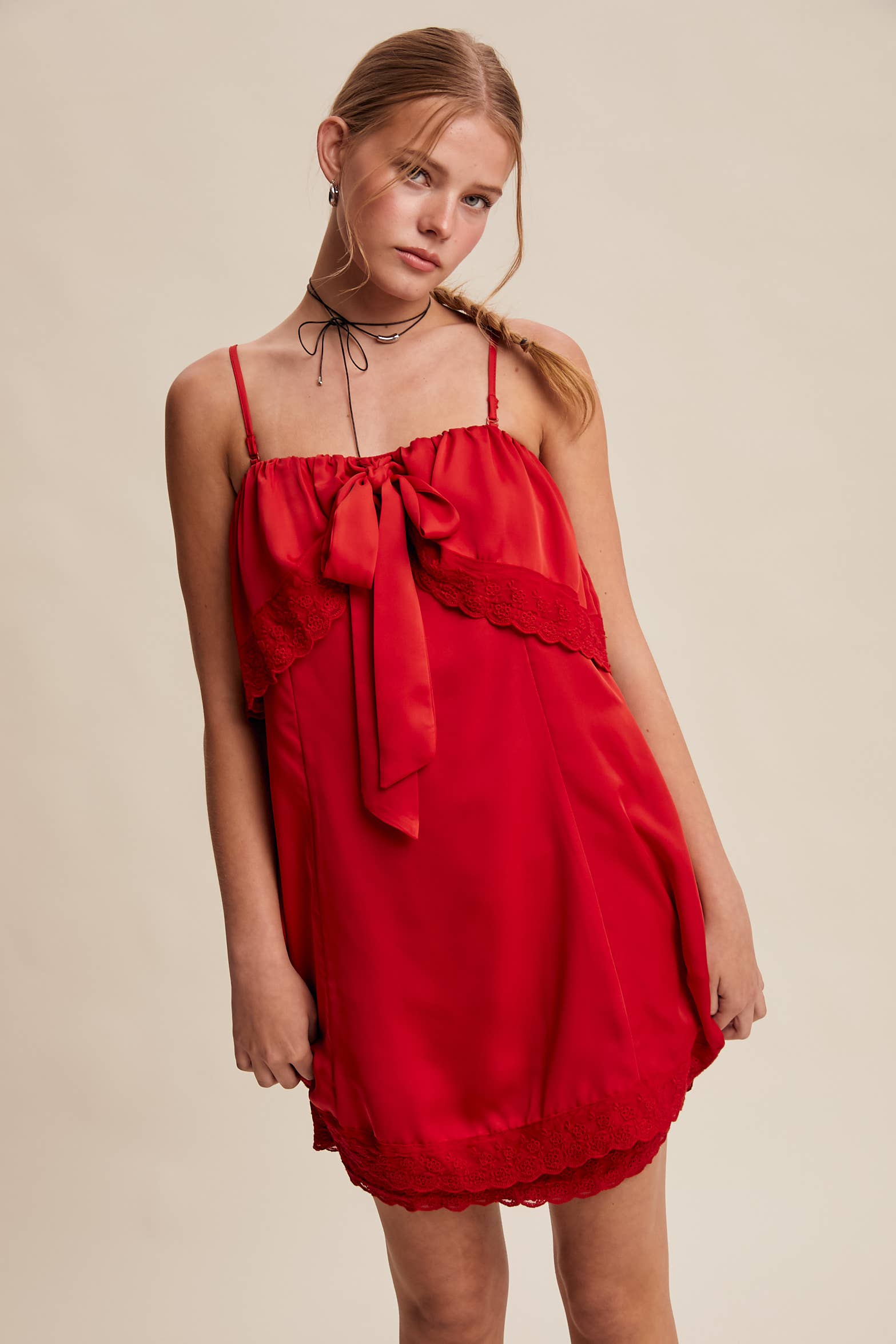 Listicle - Wholesale Dress - Women's - Bow Front Lace Trim Mini Dress LD106326