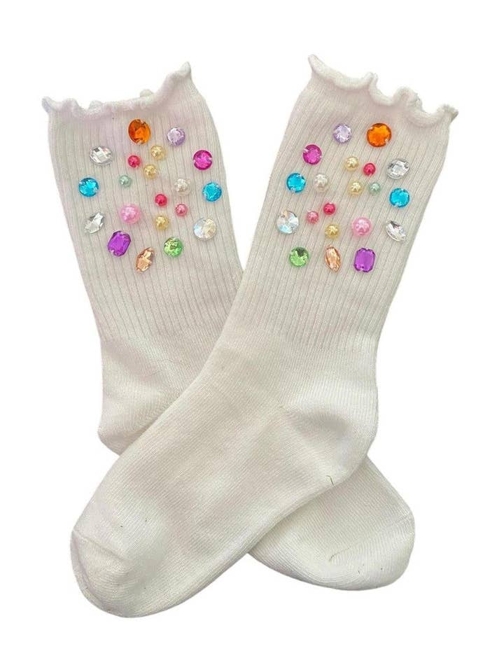 Chaussettes hautes ornées de gemmes multicolores pour la vente par Three Wildflower Designs