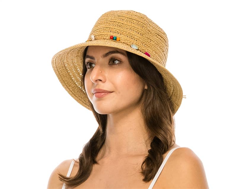 DNMC - Wholesale Straw Hat - Women's - Straw Summer Women's Bucket Hat w/ Seashells1