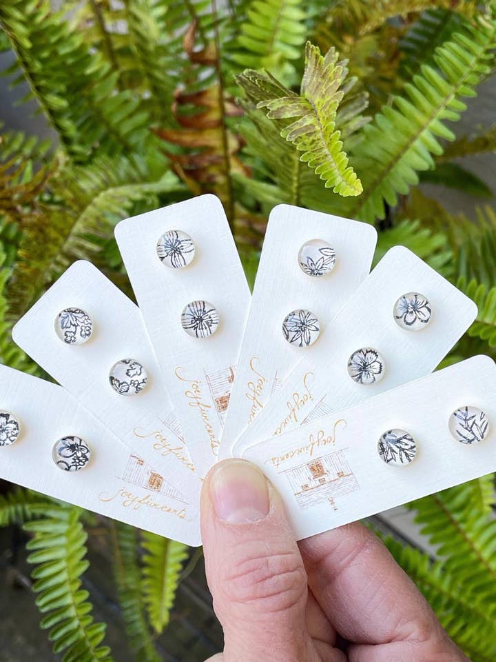 Studs - small b&w circle botanical imagery for wholesale by joeyfivecents