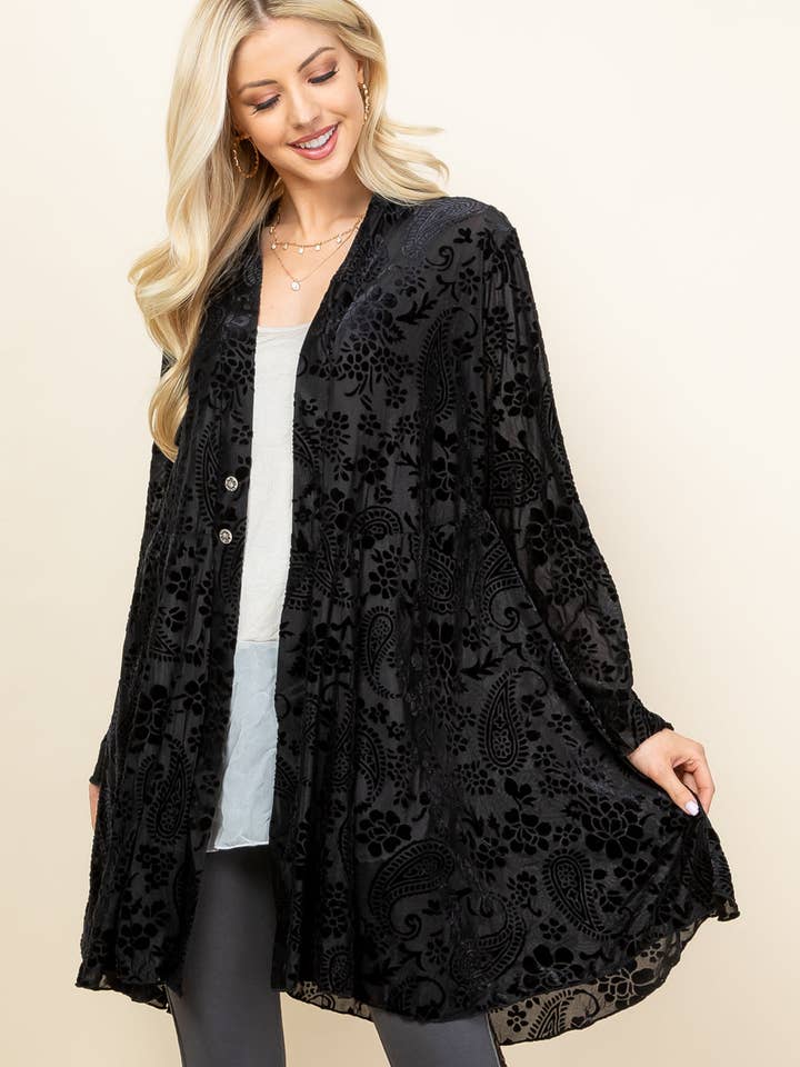 Veste en velours à motif cachemire – Vêtement d'extérieur bohème à manches longues | Fabriqué aux États-Unis pour la vente par Kooniez