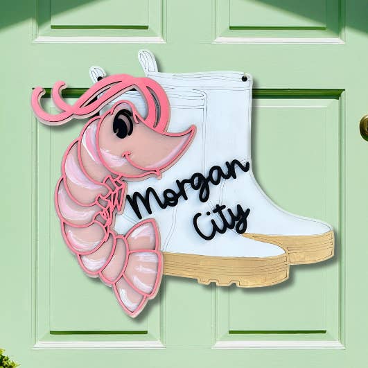 Geaux Magnolia - Wholesale Door Hanger - Shrimp and White Boots 3D Door Hanger0
