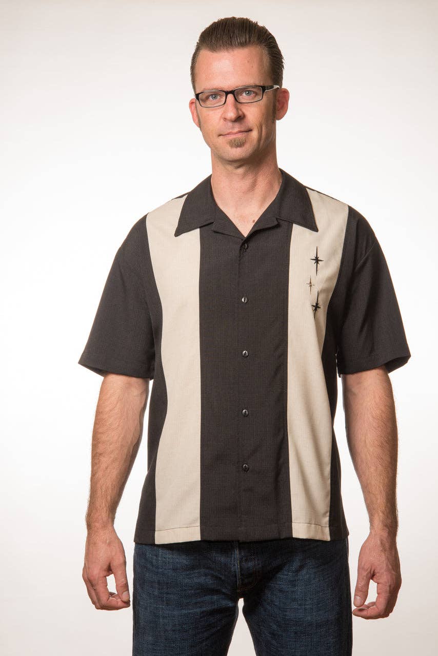 Steady Clothing - Wholesale Button Down Shirt - Men's - Three Star Panel Bowling Shirt in Black1