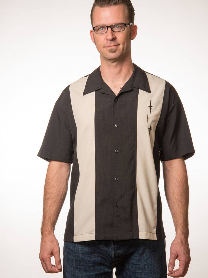Steady Clothing - Wholesale Button Down Shirt - Men's - Three Star Panel Bowling Shirt in Black1