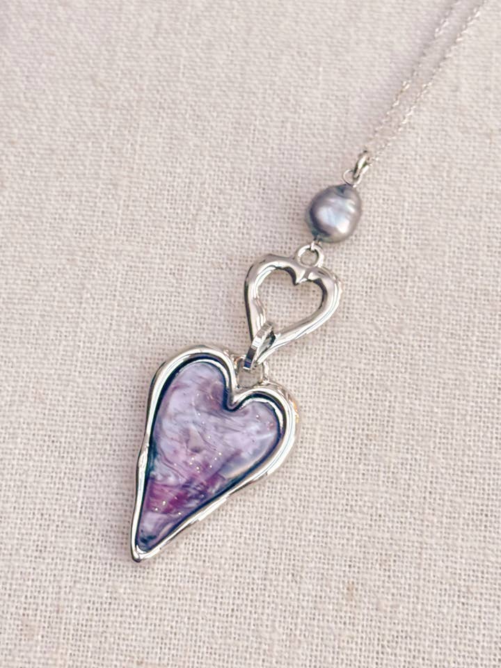 Silver Double-Side Heart Necklace – Freshwater Pearl & Resin for wholesale by Gracie Rose Designs