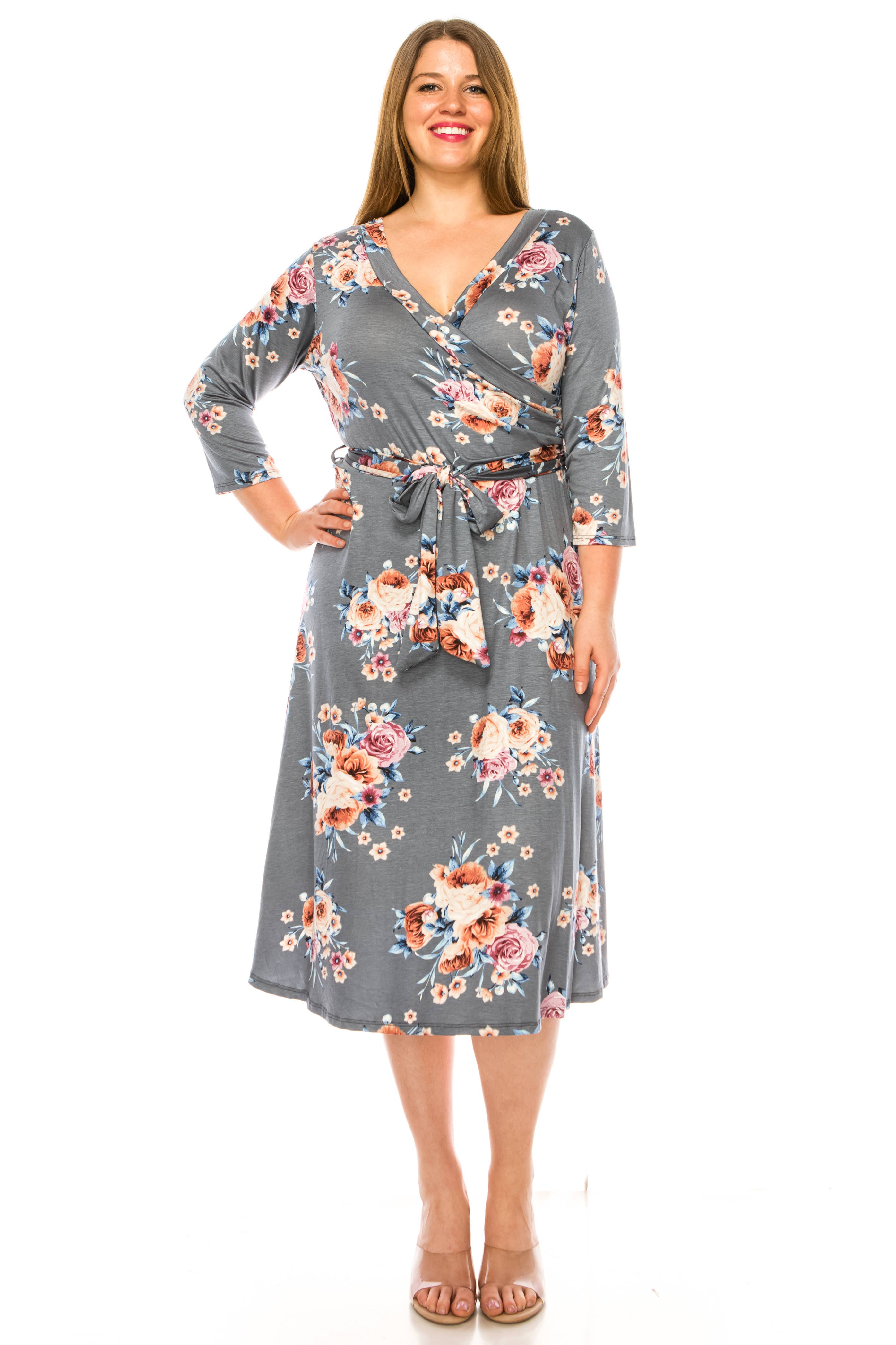 MOA COLLECTION - Vente Robe – femme - Robe portefeuille en faux imprimé à motifs floraux de grande taille pour femmes9