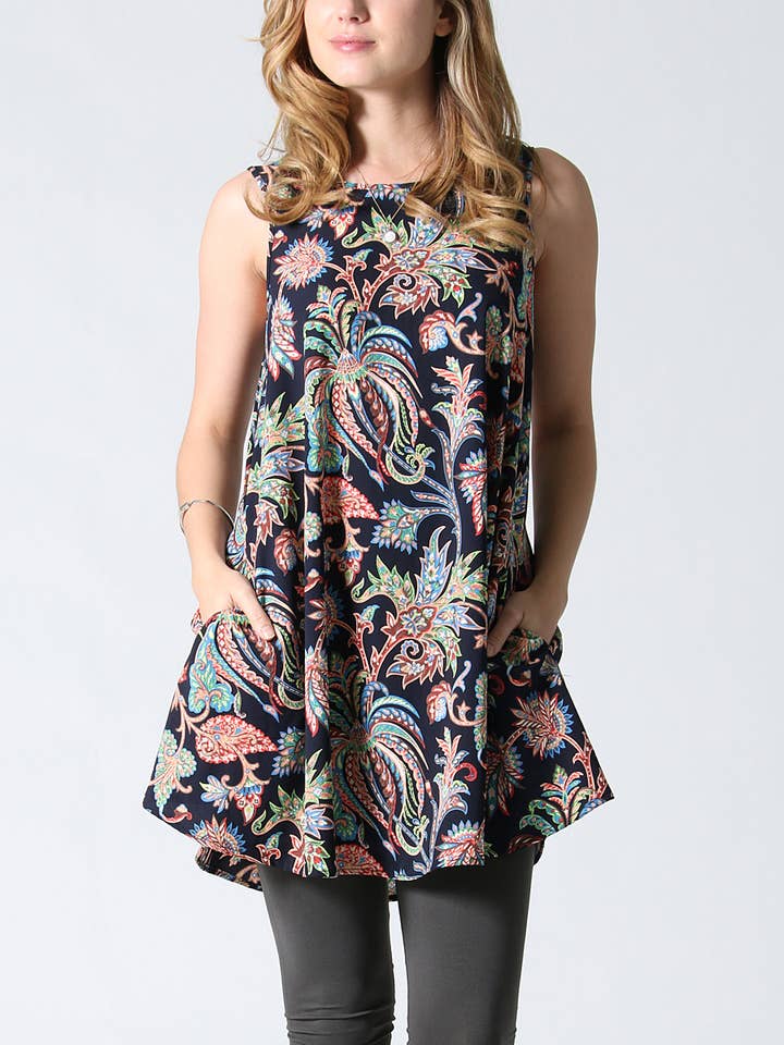 .SC5578 Túnica azul marino con bolsillo lateral y estampado para venta al por mayor de 42POPS