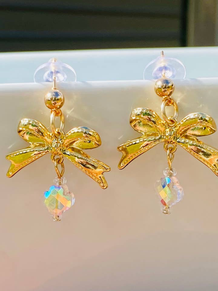 Gold Bow Crystal Drop Earrings – 18K Gold Plated Holiday for wholesale by Sandy Lou Designs