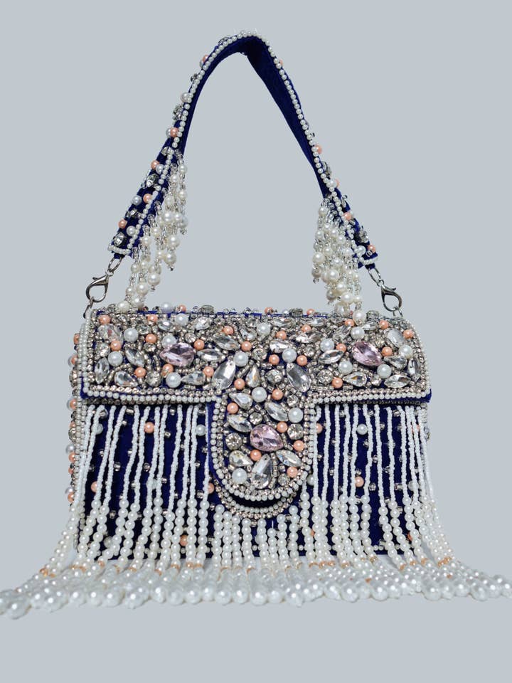Nesavaali Luxury Handcrafted Premium Tassel Box Clutch In Navy for wholesale by Nesavaali Ltd
