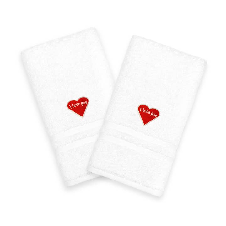 Toallas de mano bordadas con texto «I Love You», diseño de corazón rojo para venta al por mayor de Khalpera
