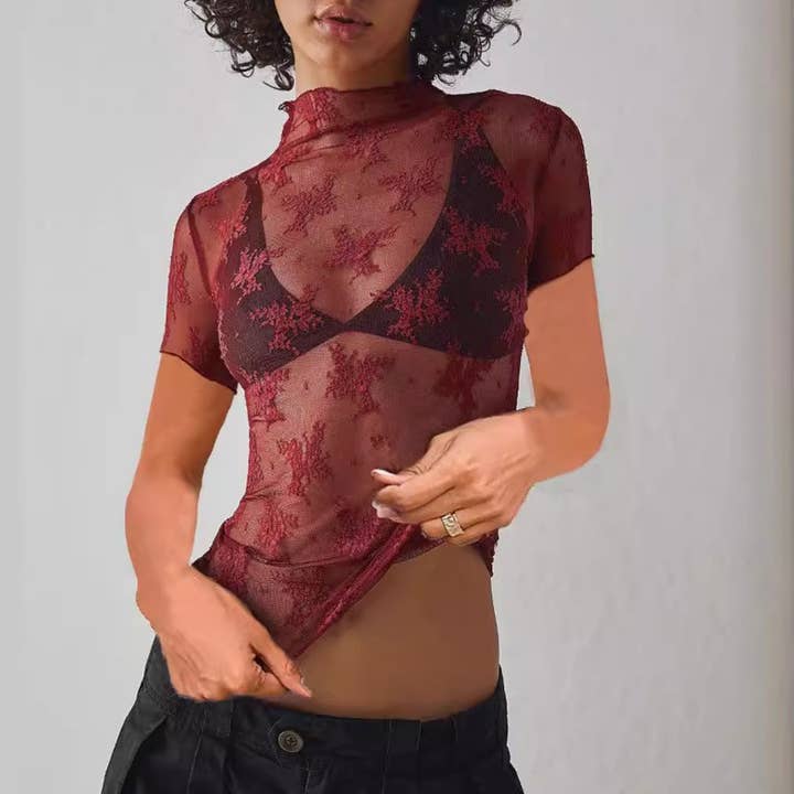 Hope & Sunshine - Wholesale Blouse - Women's - Sheer Mesh Lace Short Sleeve Top
